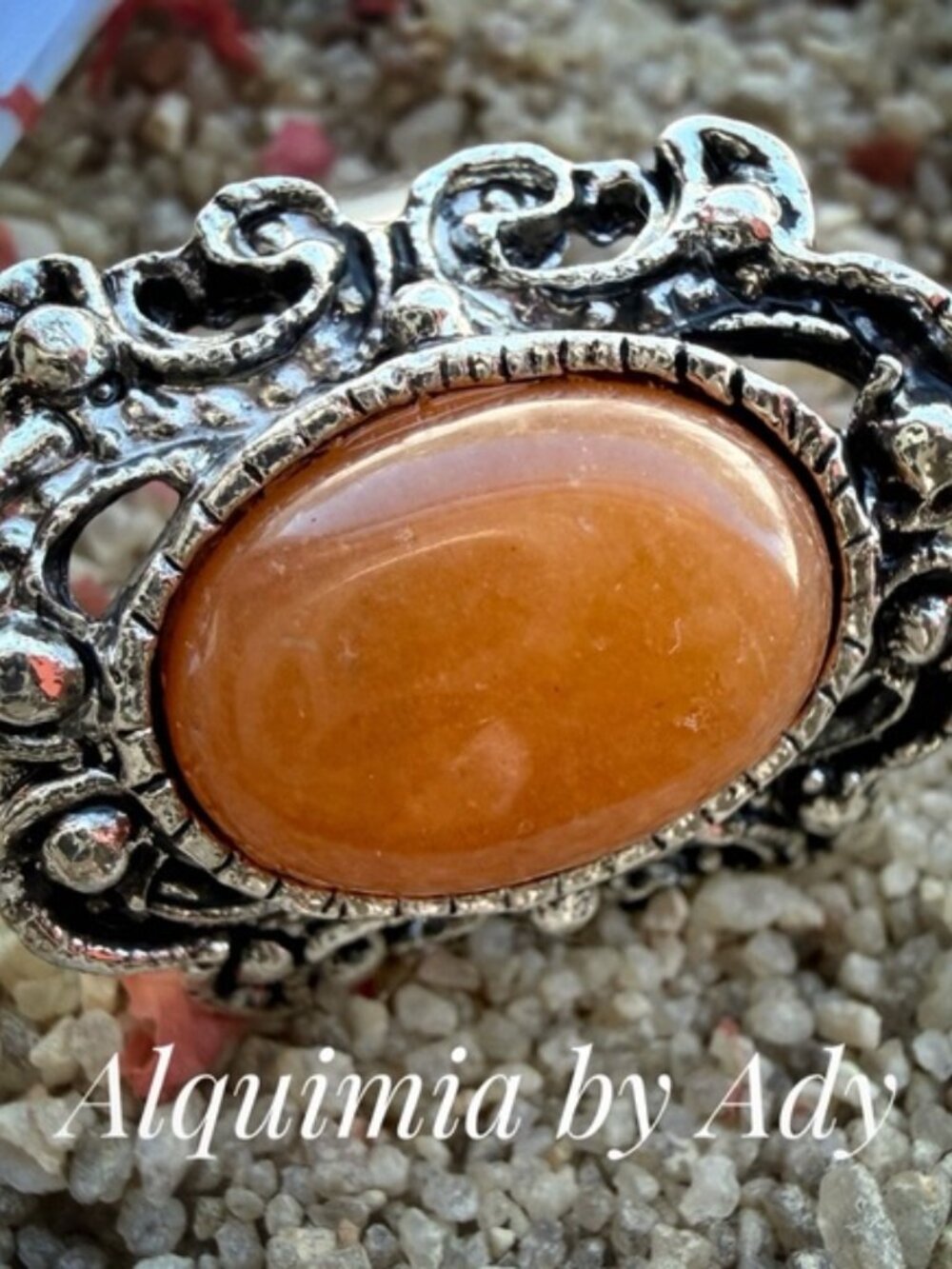Orange jade Cabochon Silver-Tone Filigree Ring